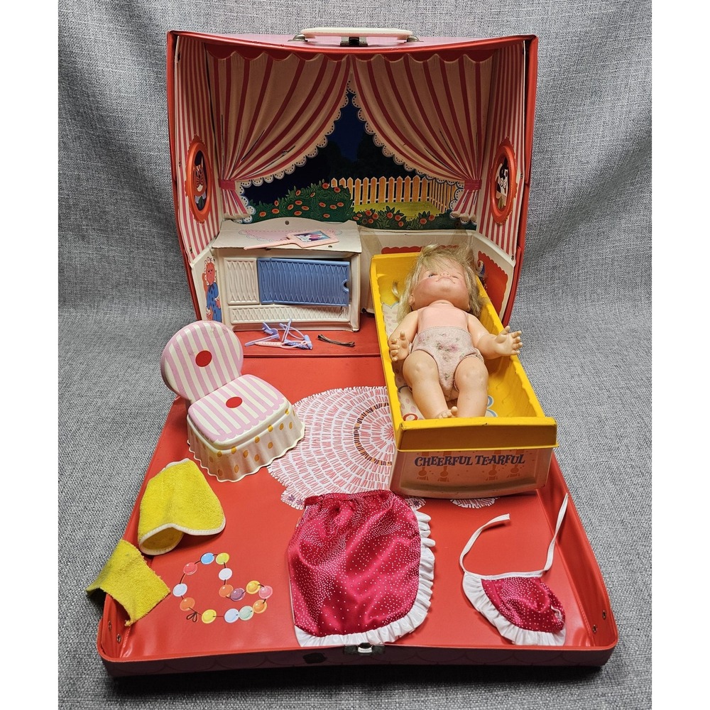 Mattel Cheerful Tearful Nursery Baby Doll Playset Case Bed Chair 1965 Vintage